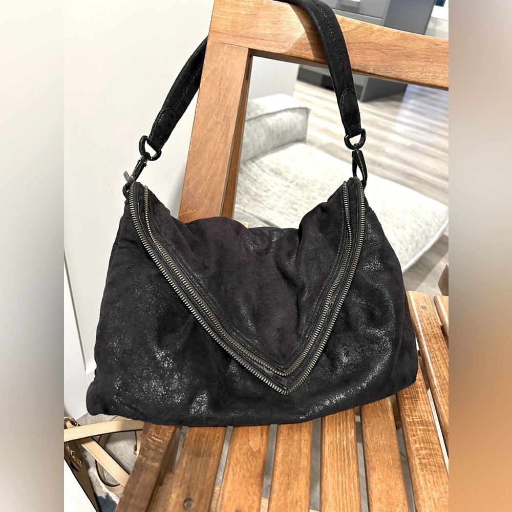 MATT & NAT Vegan Leather Large Black Envelope Clutch Zipper Trim Satchel Handbag - Picture 2 of 9